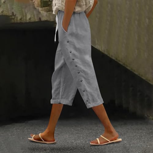 Linen Capris for Women High Waisted Elastic Drawstring Capri Pants with Pockets Side Button Casual Cropped Trouser2