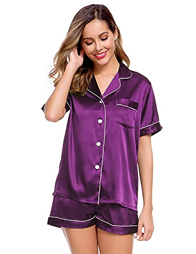 Image of LecGee Womens Silk Satin Pajamas Short Sleeve Loungewear Two-Piece Sleepwear Button-Down Pj Set