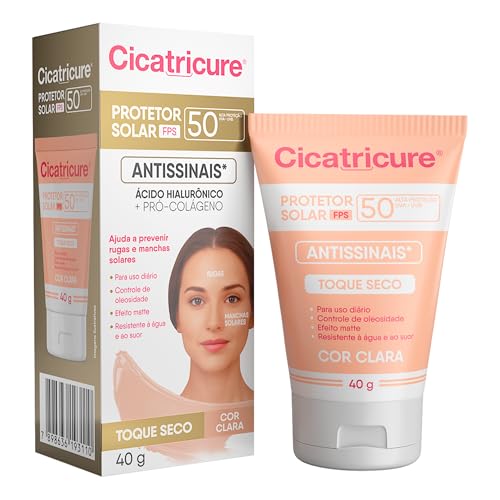 Cicatricure Protetor Solar Facial FPS 50 Antissinais Toque Seco Cor Clara, Previne Rugas e Manchas, Ultra Proteção UVA UVB, Ácido Hialurônico para Pele Oleosa, 40 ml