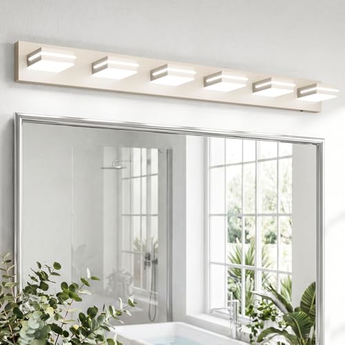 VOLISUN Modern Bathroom Vanity Light Fixtures (6-Light, 48-Inch), Brushed Nickel LED Bathroom Light Fixtures Over Mirror, 360°Rotatable Head, LED Vanity Lights for Bathroom (Cool White 6000K)