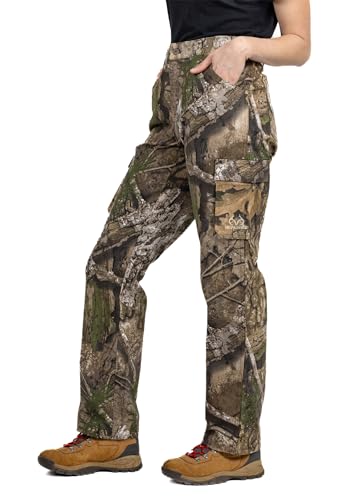 Realtree Womens Camo Hunting Cargo Pants - Lightweight Cotton 6 Pockets Mid-Rise Slim Fit