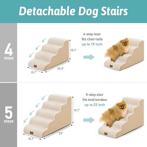 Image of COZY KISS Dog Stairs for Small Dogs, 5 Step Pet Stairs for Beds & Couches | 19.7 inch H Curved Non-Slip Foam Dog Steps with Washable Cover for Puppies, Older Cats & Small Dogs, 15.7x33x19.7 in, Beige