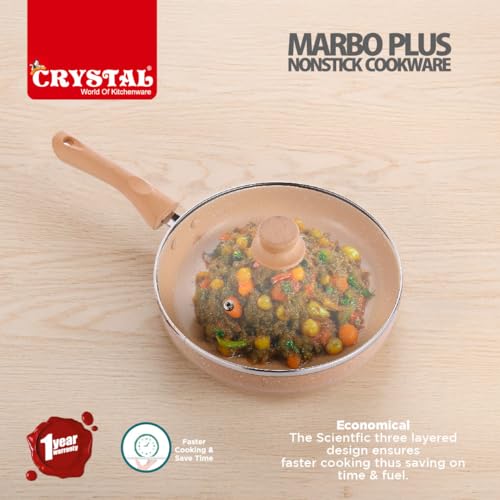 Crystal Marbo Plus Induction Base Aluminium Round Fry Pan with Glass Lid, 225mm | Sandalwood - Image 3