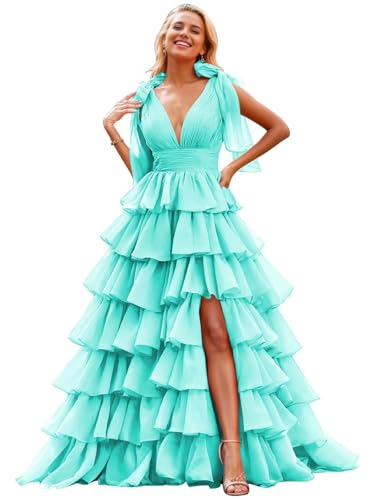 Image of TORYEMY Tiered Tulle Prom Dress Long Ball Gown Deep V Neck Formal Evening Dresses with Slit Ruched for Women