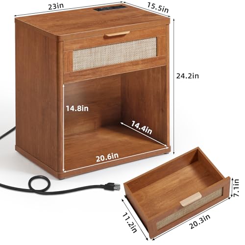 Image of LEYAOYAO Rattan Nightstand with Charging Station, Tea Brown Night Stand with Drawer, 23 inch Wide Boho Bedside Table with Storage Shelf, Bed Side End Tables for Bedroom, Living Room, Hallway