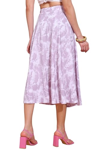 Image of FRAULEIN Women's Tie-Dye A-Line Self Design Printed Maxi /Midi Skirt | High Waist Flared | Soft Ribbed Texture | Casual Summer Knee Length Vacation Skirt