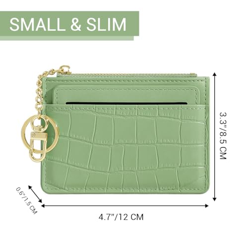 Slim Credit Card Holder with Custom Personalized Initials Name Monogram Small Front Pocket Wallet Keychain Zipper Coin Purse Crocodile Mini Leather Case, Gift for Christmas Thanks Giving, Green2