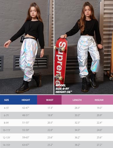 Perfashion Metallic Cargo Pants for Girls Silver Neon Pants for Girls Hip Hop Dance Joggers Sweatpants Size 8-10