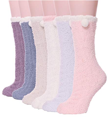 Sandsuced Womens Girls Fuzzy Slipper Socks Fluffy Warm Cabin Cozy Soft Fleece Adult Plush Sleep Stocking Stuffers Winter Socks?Multicolor C (6 Pairs)?