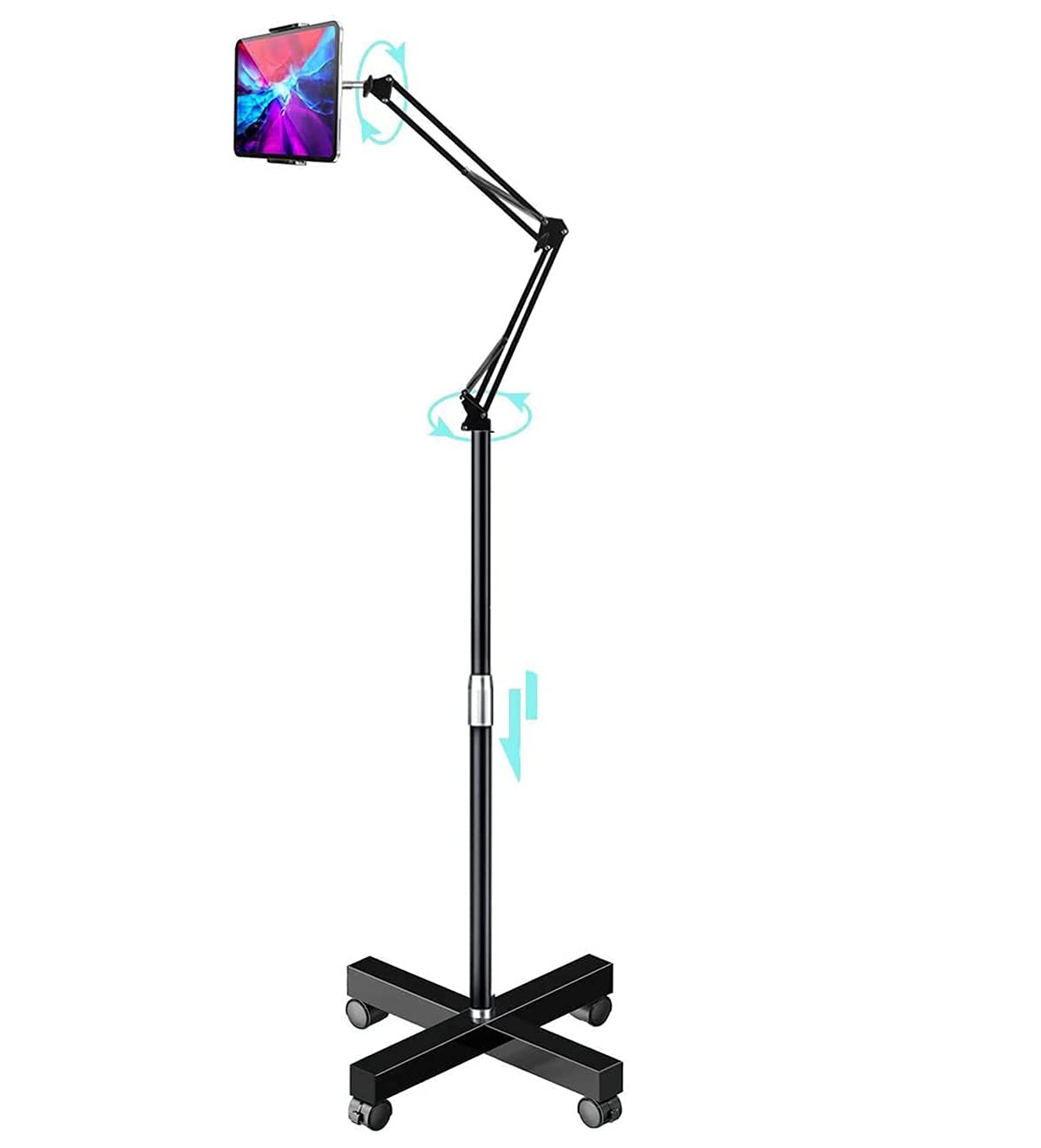 scosao Support de Sol pour Tablette avec Roues, Support pour Téléphone et Ipad Hauteur Réglable 28,3-59,4 Pouces, Universel pour Support Tablette Compatible avec Smartphone, 3,5-11 Pouces
