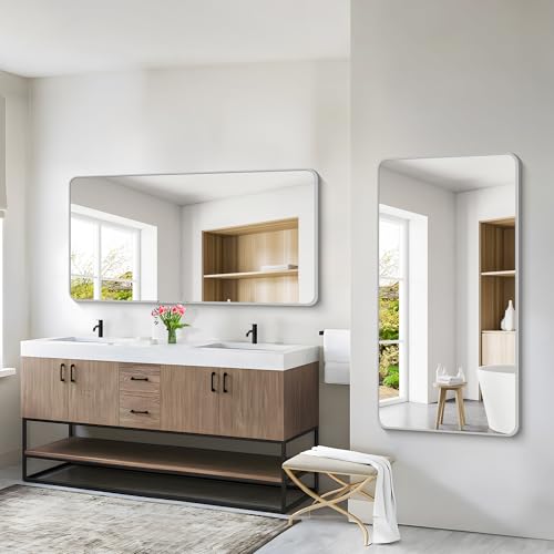 Image of 55x30 Inch Silver Bathroom Mirror, Large Rectangular Vanity Mirror, Metal Framed Rectangle Mirrors, Rounded Corner Wall Mounted Mirrors for Living Room Bedroom Entryway Horizontal or Vertical