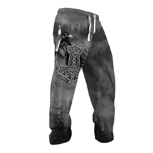 Pantalones de chándal para hombre con diseño vikingo - Pantalones de ocio con martillo de Thor y estampado gráfico de cuervo | Ropa de mitología nórdica para hombres, Estilo C01 Gris, XL | Ya disponible en tu tienda friki favorita! En mundofriki.es!
