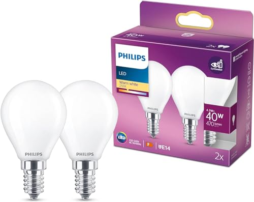 Philips LED Premium Classic P45 Lustre Light Bulb 2 Pack [E14 Small Edison Screw] 4.3w - 40W Equivalent Warm White (2700K) Non Dimmable A++