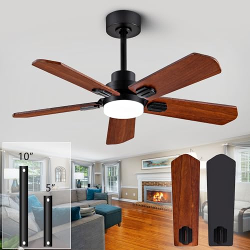 ducrew 42" Wood Ceiling Fan with Light and Remote, Quiet Reversible DC Motor, 5 Blade Walnut/Black, 6 Speed, Indoor/Outdoor Ceiling Fans for Patio, Dining Room,Living Room and Farmhouse