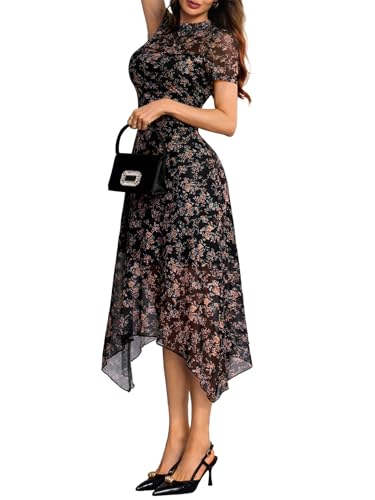 Image of GothDark Women Summer Wedding Guest Floral Mesh Irregular Hem Midi Dress | A-Line, Short Sleeve, Sheer Mesh Overlay, Elegant Vintage Dresses For Party, Semi Formal, Vacation, Dinner, Church
