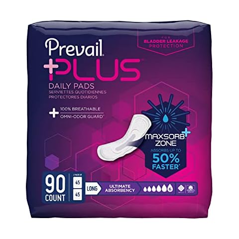 Prevail Plus | Long Length Incontinence Bladder Control Pads | Ultimate Absorbency | 90 Count (2 packs or 45) Cover