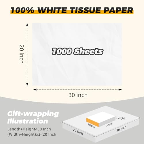 Image of Simetufy 1000 Sheets 20 inchx 30 inch White Tissue Paper Bulk for Gift Bags
