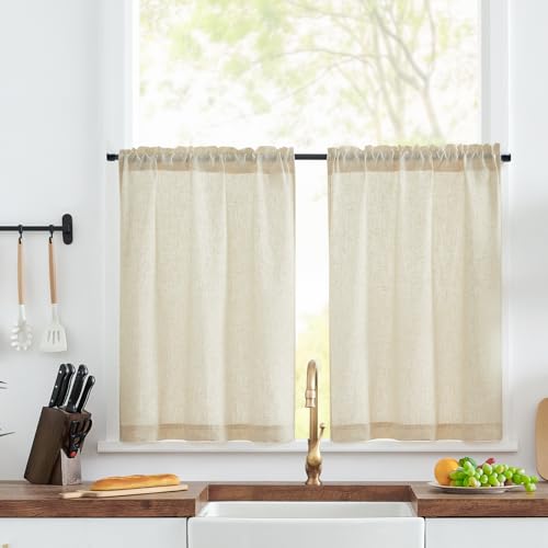 TOPICK Kitchen Curtains - 24 Inch Drop Linen Cafe Curtains for Small Windows - Half Flax Solid Pattern Short Rustic Style - Rod Pocket - Basement Laundry Room Sink - 2 Panels