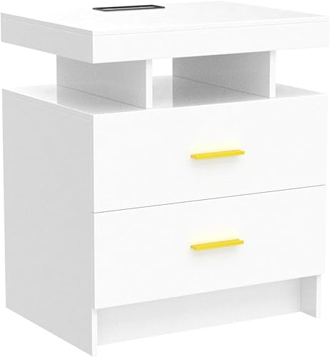 Miniatura 4 de HNEBC Mesita de noche LED, RGB blanco con estación de carga USBinalámbrica, moderna mesita de noche con sensor automático de luces RGB, mesa