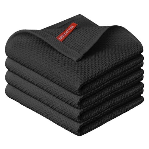 Artoid Mode Black 100% Cotton Soft Kitchen Cleaning Cloths 34 x 34 cm, Pack of 4 Dish Cloths Towels Absorbent Washable for Washing up