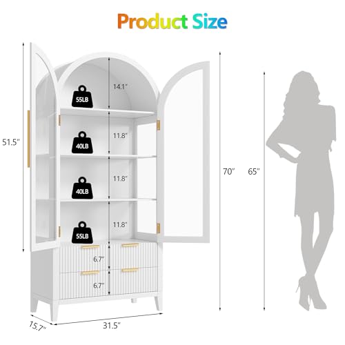 Image of LVSOMT 71 inch Arched Display Cabinet with Glass Doors and RGB Lights, White