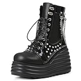 Lyrisiphy Women's Gothic Ankle Boots Black Platform Combat Boots with Punk Chains & Studs Lace Up Wedge Boots for Womens Rave Festivals Halloween
