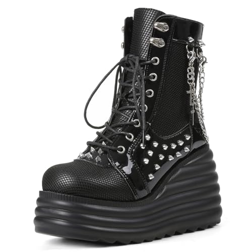 Lyrisiphy Women's Gothic Ankle Boots Black Platform Combat Boots with Punk Chains & Studs Lace Up Wedge Boots for Womens Rave Festivals Halloween