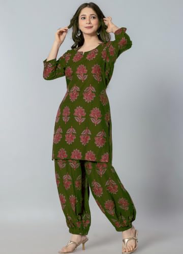 Image of rytras Women Pure Cotton Printed Straight Kurta Set with Palazzo Pants - Ethnic Wear