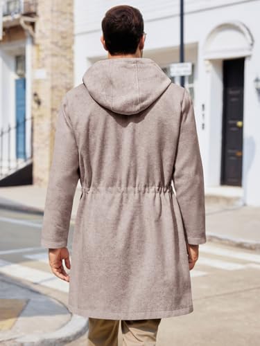 Image of ZIWOCH Mens Trench Coat Wool Blend Hoodie Long Jacket Full Zip Winter Classic Business Overcoat