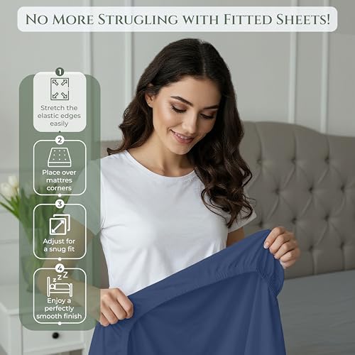Image of Royale Linens 100% Organic Cotton King Fitted Sheet Only - Percale Weave - Super Soft Deep Pocket Bottom Sheets - Navy Elastic Sheet - King Size Fitted Sheets Only - (78 inchx80 inch+15 inch, Navy)