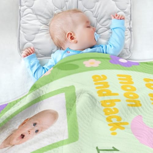 Custom Cute Baby Photo Monthly Milestone Cartoon Purple Pink Flower Toddler Blanket Soft Customizable cat Name Blanket for Girls or Boys 30x40in Regalo para4