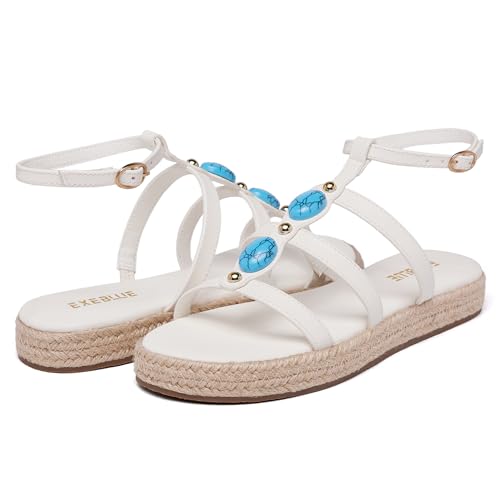 Image of Women's Bohemian Espadrille Platform Sandals,Open Toe Wedge Sandals with Turquoise Decor, Adjustable Ankle Buckle, Summer Beach Shoes