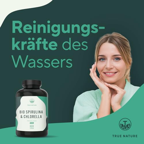 Bio Spirulina & Chlorella Presslinge – 600 Tabletten – Hochdosiert mit 6.000 mg pro Tag – Vorrat für 50 Tage – Hergestellt & laborgeprüft in DE – Vegan & frei von Zusätzen – TRUE NATURE