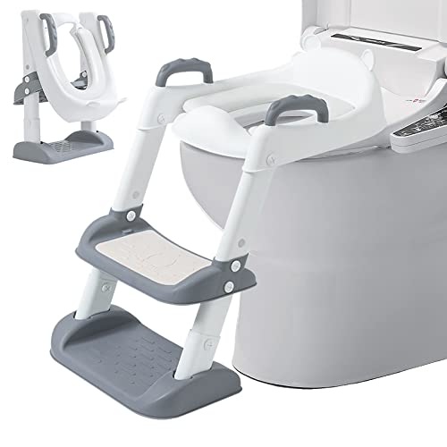 Réducteur Toilette Enfant avec Escalier, Toilette Pot WC Bebe Enfant Réducteur WC Enfant, Siège de Toilette Enfant avec PU Coussin Moelleux,Pliable et Réglable,Adapté aux Toilettes en Forme de V, U,O Cover