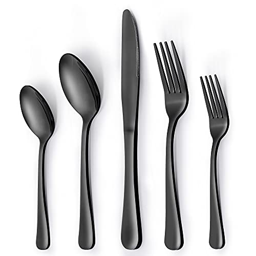 Fun Life Silverware Set, Black Silverware Set for 8, 40 Piece Stainless Steel Flatware Set, Knifes and Spoons and Forks Set, Cutlery Set Mirror Polished, Smooth Edge,Dishwasher Safe