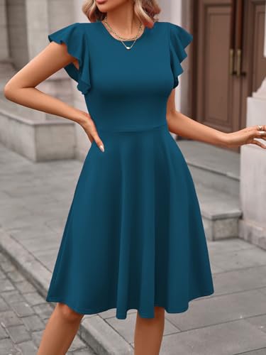 Image of MSLG Women's Fit and Flare Ruffle Short Sleeves Dresses Work V-Back Cocktail Semi Formal A Line Dress with Pockets 842