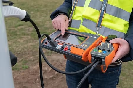Person using the Sonel MPI-536 meter to test an EV charging station