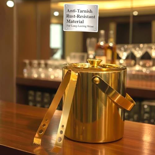 Image of Shiny PVD Gold Stainless Steel Double Walled Ice Bucket with Tong (1.7 litres) | Insulated Ice Box Small, Ice Cube Box | Wedding for Couple, Home Bar Gift Set