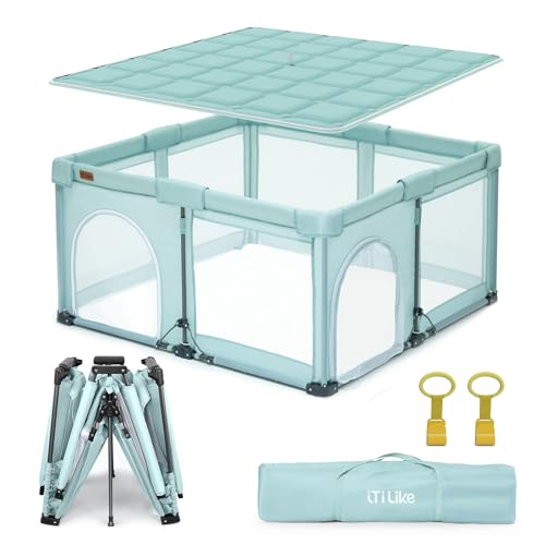 Image of Foldable Baby Playpen, Play Yard for Babies&Toddlers Indoor Outdoor | Comes with mat, 2 Pull-Up Rings & Storage Bag. Portable Playpen Baby Fence Play Area with Visible Mesh