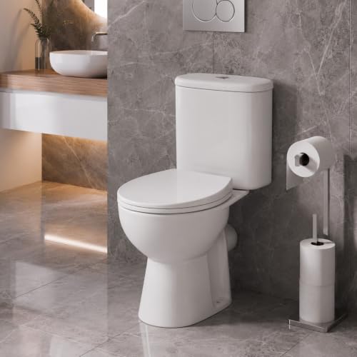Affine Essentials Close Coupled Rimless Toilet Space Saving WC Toilets Bathroom Cloakroom Soft Close Seat Dual Flush Cistern Oval Pan Ceramic White Gloss