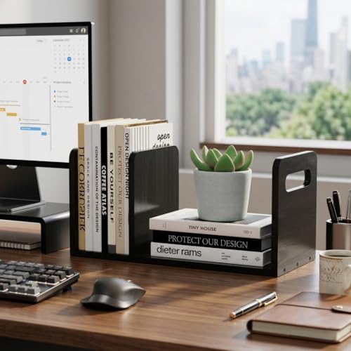 Image of 100% Solid Wood Adjustable Desktop Bookshelf with Movable Divider, Retro Tabletop Bookshelf with Convenient Handle Design for Living Room, Home, Office, Perfect for Magazine Book (Black)