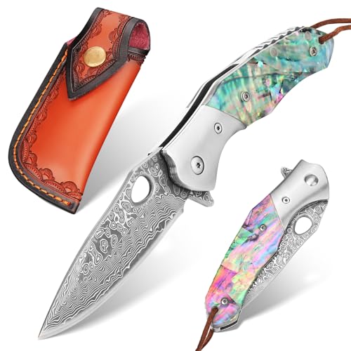 SAN TONG XIONG Damascus Pocket Knife 2.95 VG10 Abalone Handle hunting