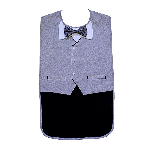 Mens Waterproof Adult Bib, Gray Tuxedo with 3D Bowtie, Frenchie Mini Couture