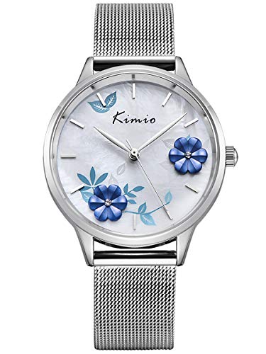 Damen-Armbanduhr Quarz Silber mit Metall Mesh Armband Edelstahl Weiss Perlmutt-Zifferblatt elegant