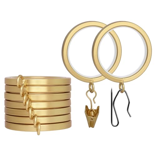 BlastHome Luxury Curtain Rings - Premium Metal with Quiet Smooth Removable Nylon Inserts - Pinhooks and Clips Included - 1 1/2 Inside Diameter - 9 Rings for One Standard Curtain - Brushed Gold