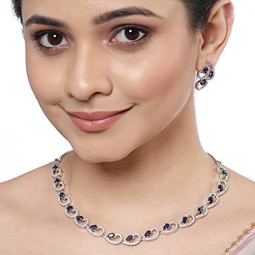 ZENEME Rhodium-Plated with Silver-Toned White Cubic Zirconia & American Diamond studded Necklace and Drop Earrings Jewellery Set for women (Image - 4)