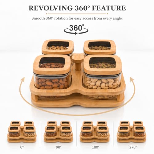 Image of Borosilicate Glass Storage Jars Set of 4 with 360 Rotating Bamboo Tray, 500ml Airtight Square Glass Containers with Wooden Lids, Dry Fruit, Nuts, Snack,Spice Organizer for Kitchen Counter