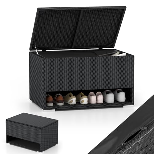 GOPLUS Coffre de Jardin Exterieur 186 L, Banc Armoire en Rotin Inité avec Étagère à Chaussures, Revêtement de Protection, Outils de Jardinage, 95 x 60 x...