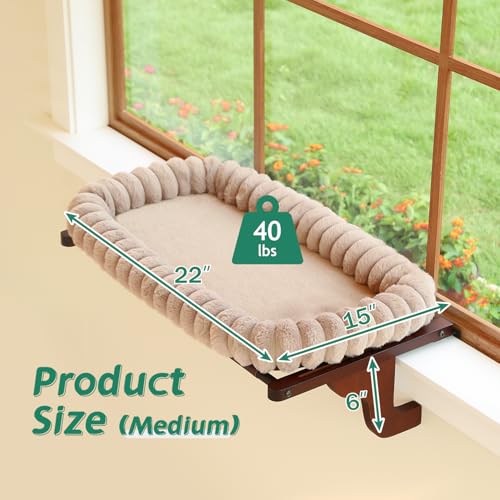 Image of Zakkart SnugCloud Cat Window Perch with 4-Sided Bolster - Orthopedic Cat Hammock for Window Sill - Solid Hardwood & Metal Frame - Window Seat for Pets (Dark Stained Wood w /Brown Bed, Medium)