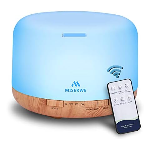 Miserwe 500ML Essential Oil Diffuser Adjustable Mist Mode and Waterless Auto Shut-Off with Wireless Remote, 7 LED Light Colors for Office Home Bedroom Living Room Cover